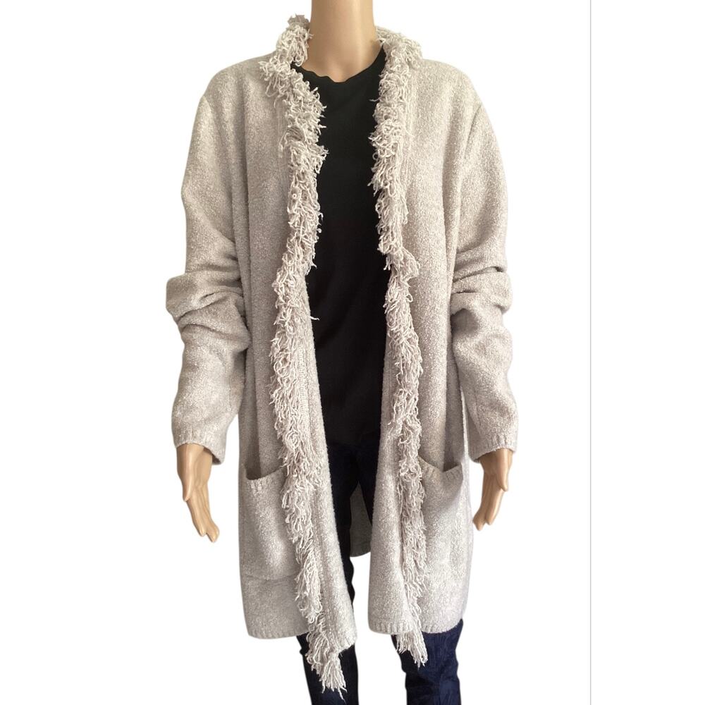 J.Jill Pure Jill Oatmeal Fringe‎ Trim Open Front Cardigan Sweater Shaggy Boho L